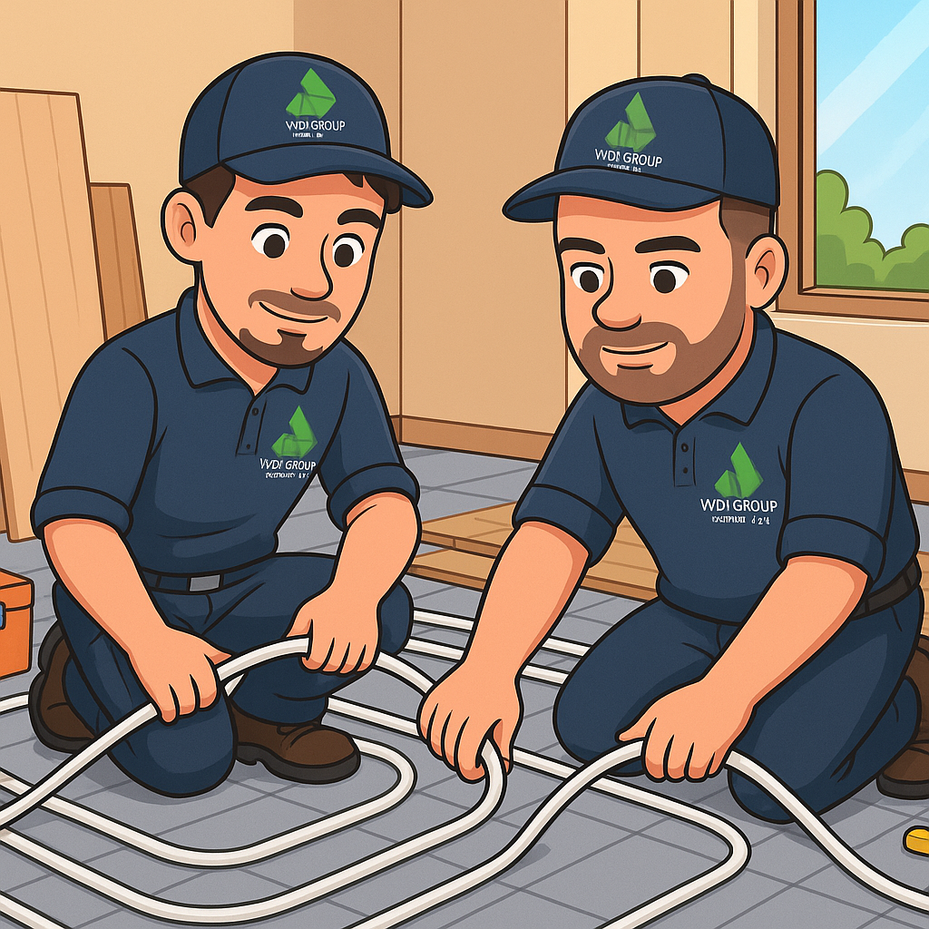 Illustration of two WDI Group engineers laying underfloor heating pipework