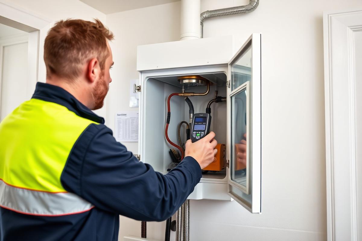 Engineer servicing a gas boiler using a flue gas analyser