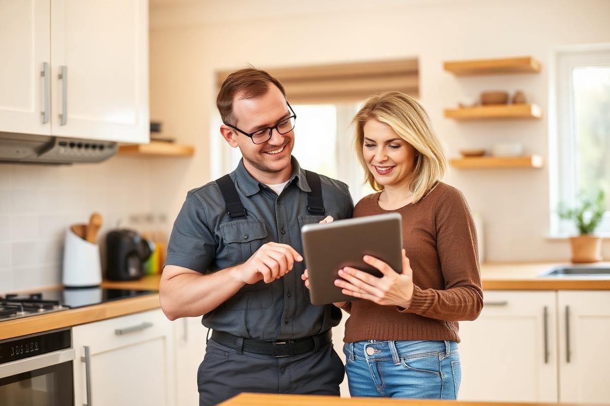 Heating engineer explaining a boiler repair to a homeowner in their kitchen