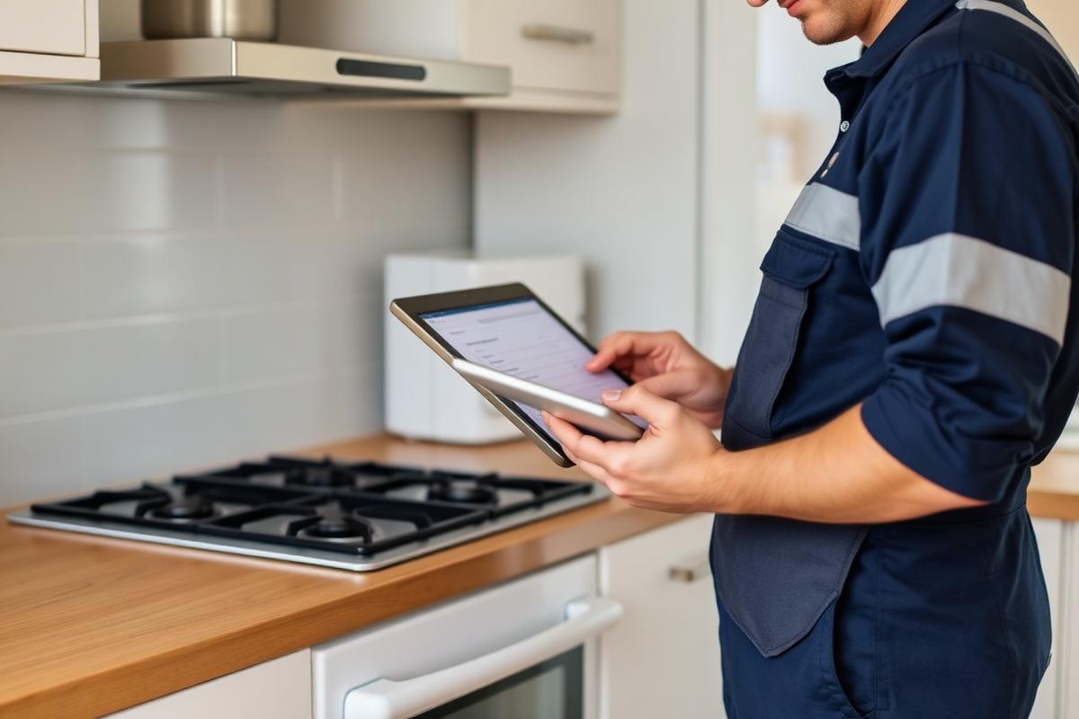Gas engineer completing a landlord gas safety inspection record