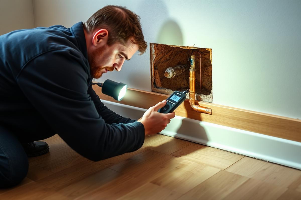 Engineer tracing a leaking pipe beneath a floor in a Wimbledon home