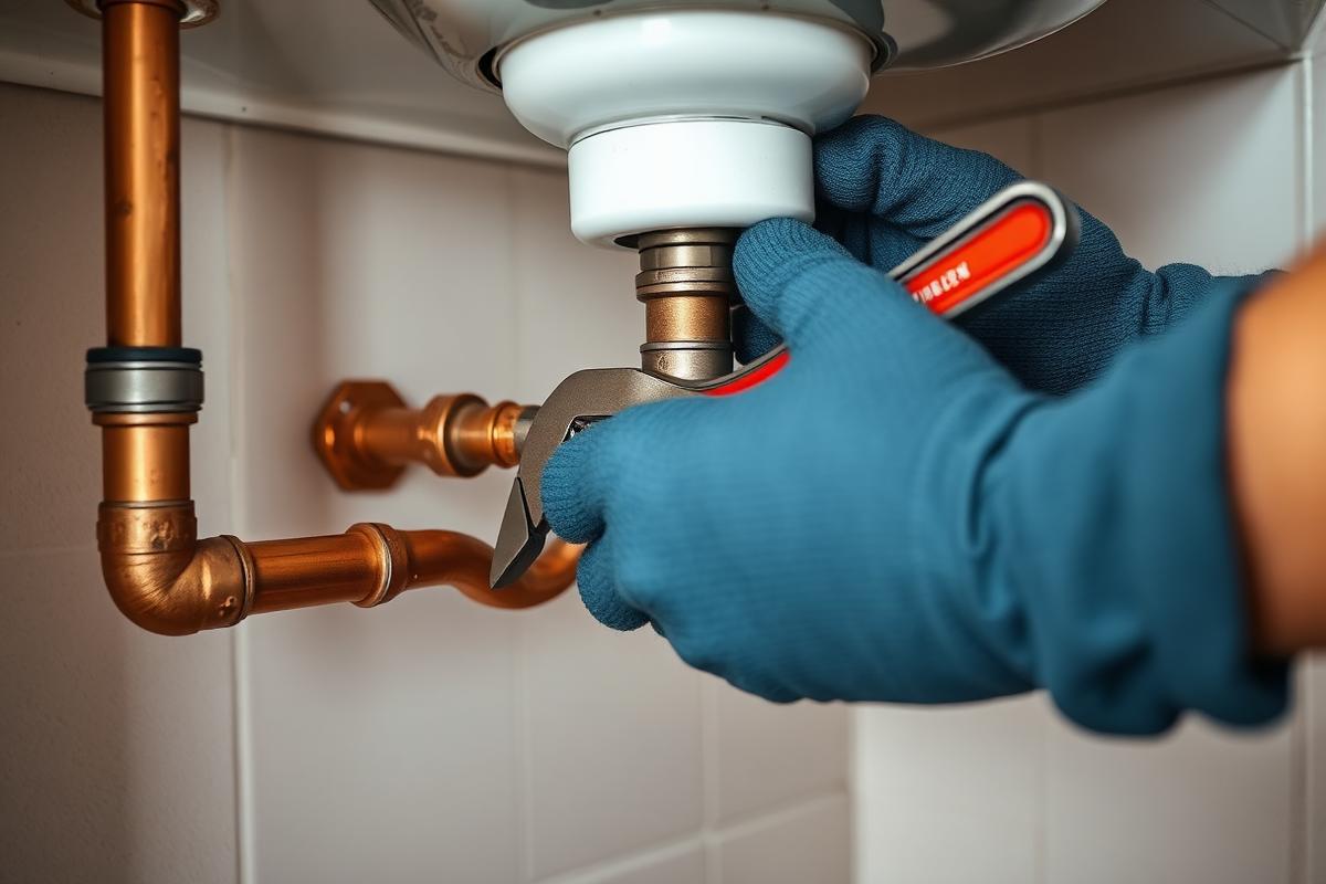 Plumber repairing copper pipework beneath a sink in a Wimbledon home