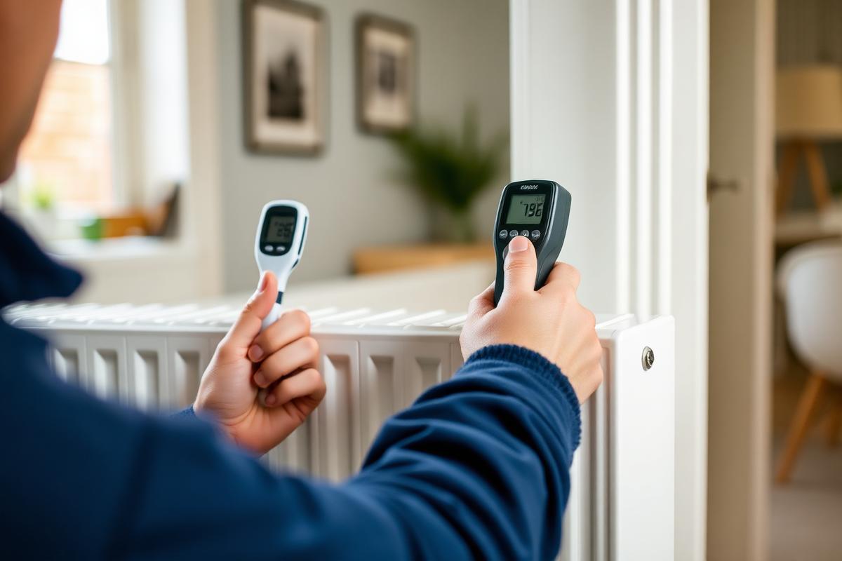 Heating engineer checking radiator temperature during a central heating repair