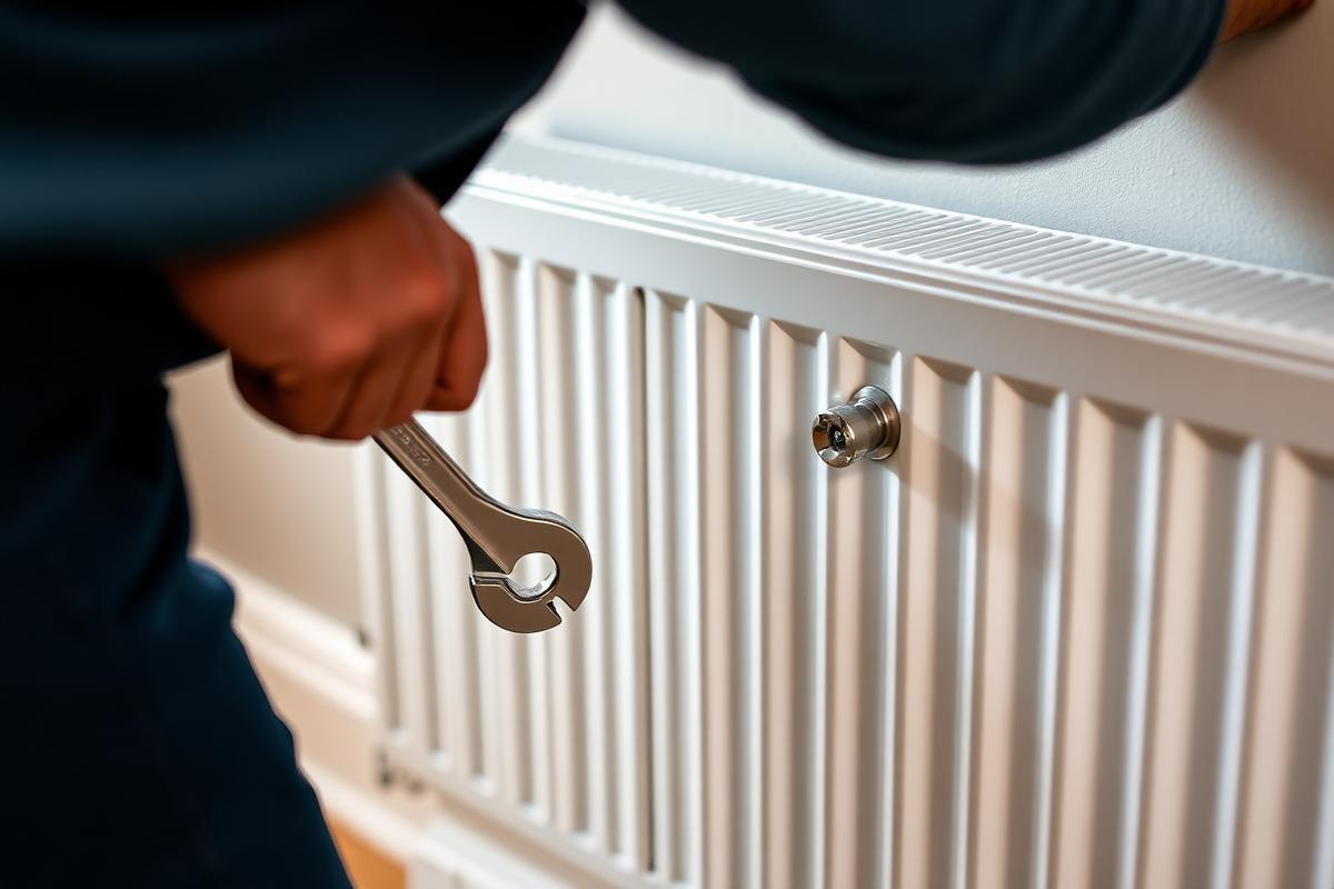 Heating engineer fitting a new thermostatic radiator valve