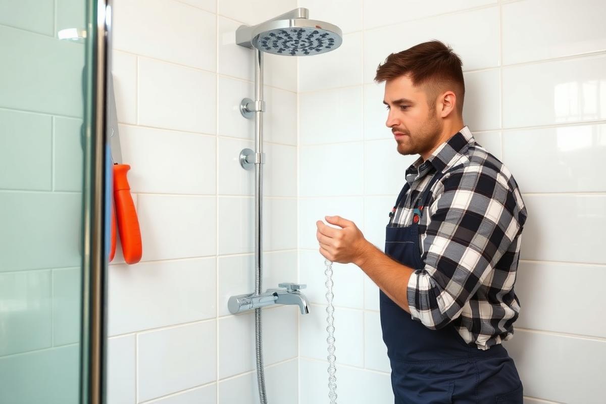 Plumber repairing a shower mixer valve in a tiled bathroom