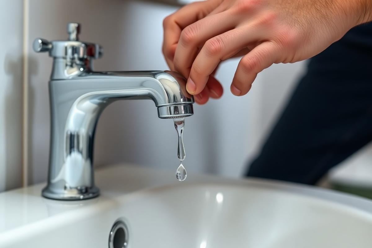 Plumber repairing a dripping chrome tap over a white basin