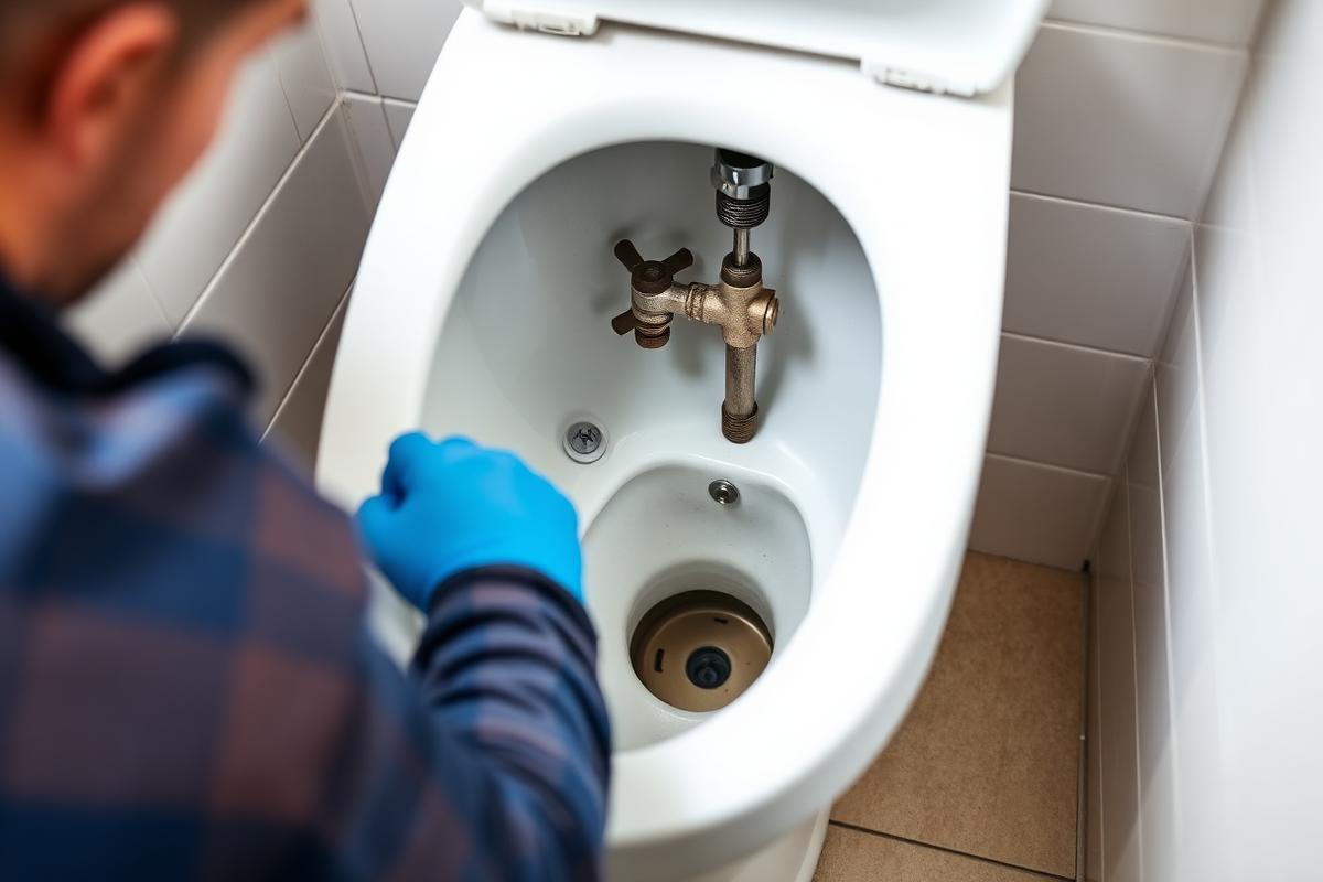 Plumber repairing the flush mechanism in a toilet cistern